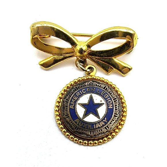 Vintage American Legion Auxiliary Pin & Earrings Set Gold-Tone Bow & Star Medall - Picture 3 of 4